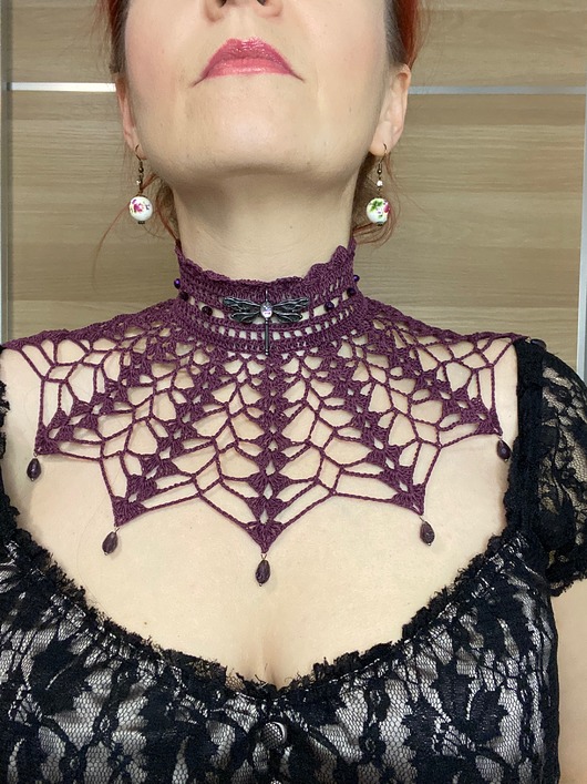 chokery Śliwkowy wiktoriański naszyjnik koronkowy, kolia gotycka z Ważką