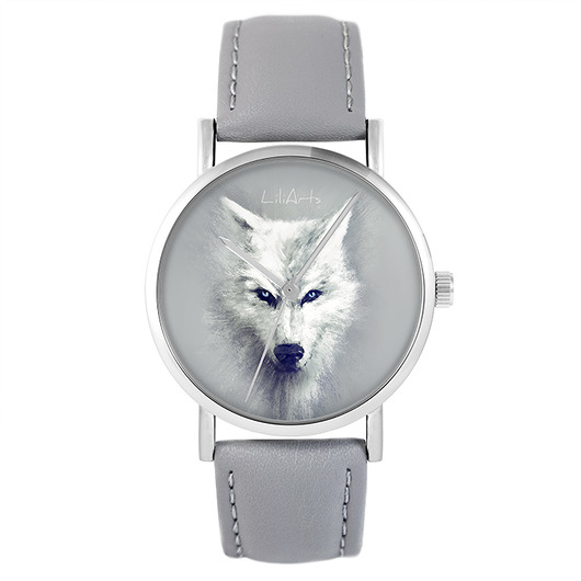 zegarki unisex Zegarek - Biały wilk - skóra, szary