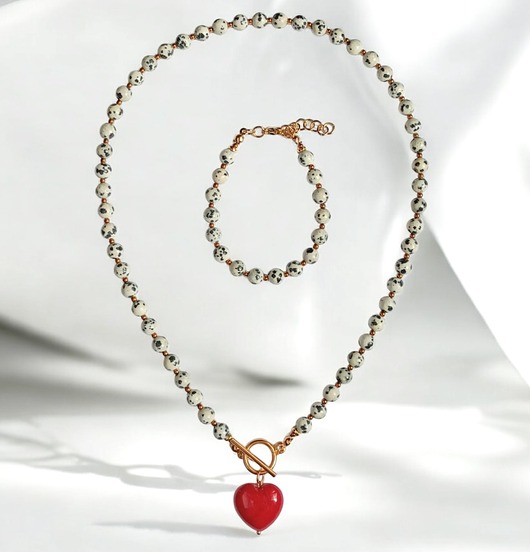 komplet biżuterii RAZEM TANIEJ : jaspis dalmatyński i serce : CZERWIEŃ : komplet