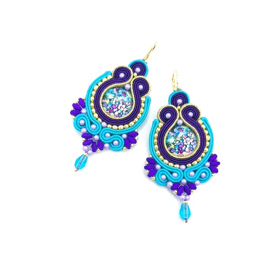 kolczyki soutache Blum kolczyki sutasz kolorowe z kwiatami turkusowo fioletowe