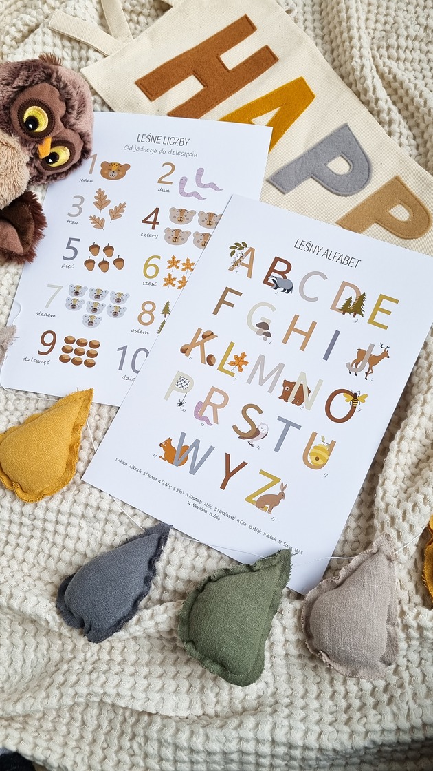 obrazy i plakaty do pokoju dziecięcego Zestaw Leśne Liczby + Leśny Alfabet - Plakaty edukacyjne dla dzieci
