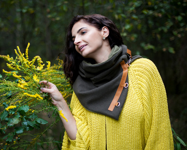 szale damskie Zimowy szal wełniany - zieleń z rudym