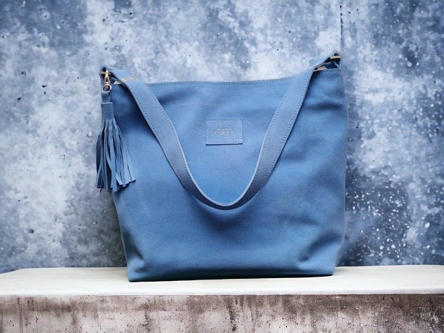 torby na ramię Zamszowa torba Shopper Bag, baby blue. Duża torebka na ramię skóra zamszowa
