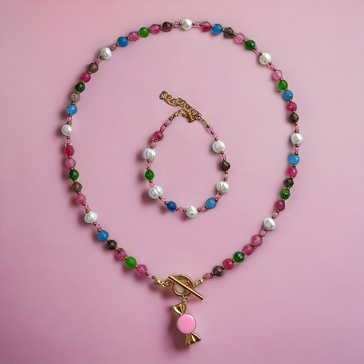 komplet biżuterii KOMPLET candy UNIKAT : jadeit multicolor : NASZYJNIK i bransoletka