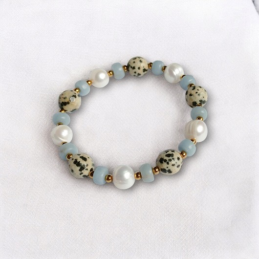 bransoletki z kamieni naturalnych Anielska bransoletka : angelit, perły, jaspis : na gumce