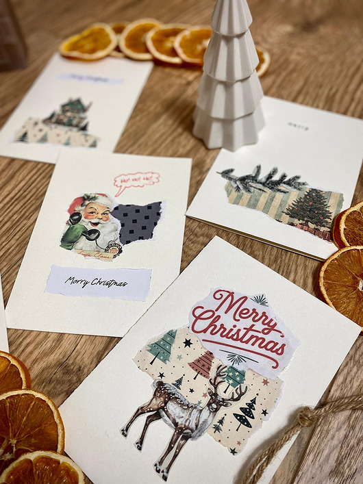 kartki scrapbooking Retro, kolażowe kartki świąteczne - zestaw 5 szt