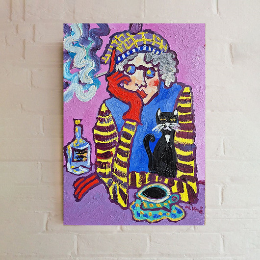 obrazy Obraz ręcznie malowany kolorowy obraz popołudnie z kotem