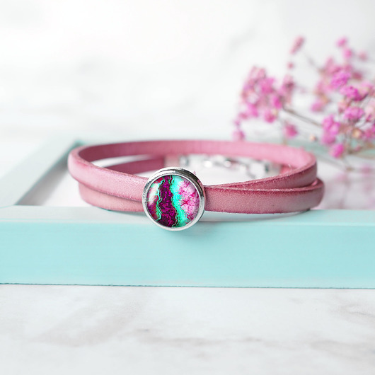 bransoletki skórzane SKÓRZANA BRANSOLETKA z artystyczną przekładką: "BALTIC MARBLEPINK"