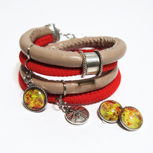 bransoletki ze szkła Bransoletka i klipsy - Jesień, ważka - owijana