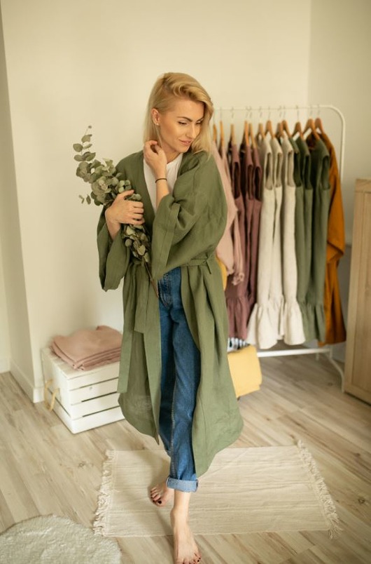 Lniane kimono szlafrokowe "oliwka" ManiacStories
