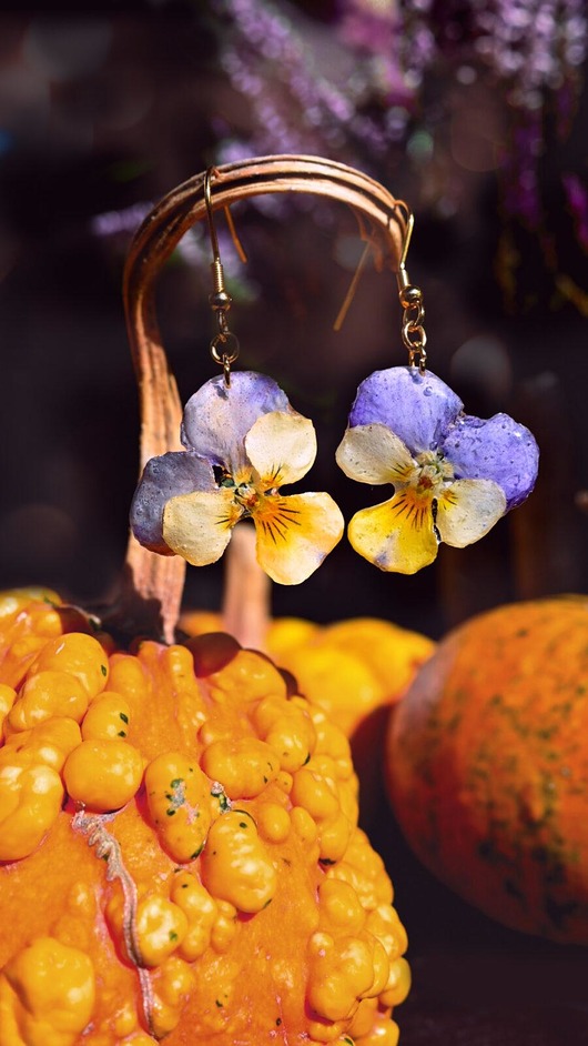 kolczyki z żywicy Kolczyki bratki fiołki, prawdziwe kwiaty