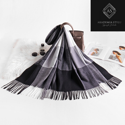 szale damskie Szalik Damski kaszmirowy wełna czarny szary biały