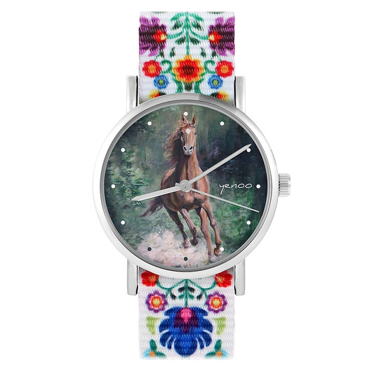 zegarki damskie Zegarek - Koń las - folk biały, nylonowy