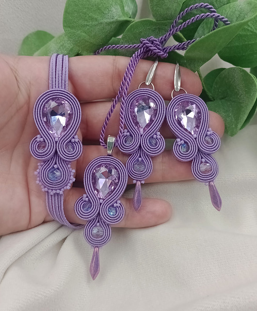 komplet biżuterii Lawendowa biżuteria sutasz, fioletowy komplet zestaw soutache
