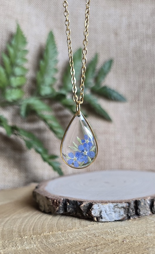 wisiory Złoty wisiorek prawdziwe kwiaty zawieszka łezka łza niezapominajki