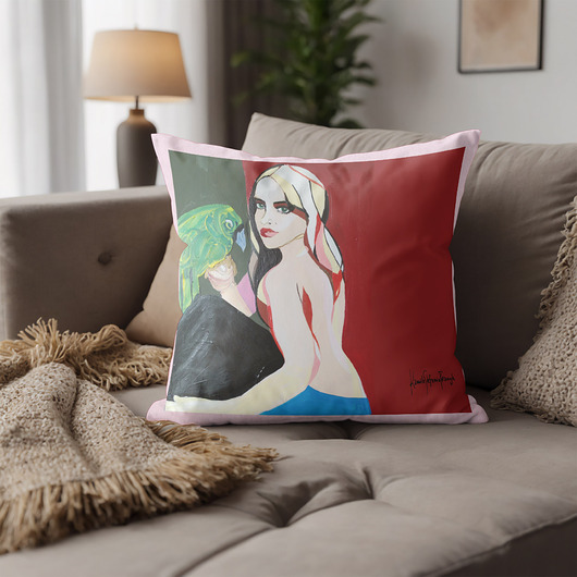 poduszki z grafiką With parrot  Poduszka dekoracyjna  autorska 40x40 obraz  Kamila Stefania Tkaczyk