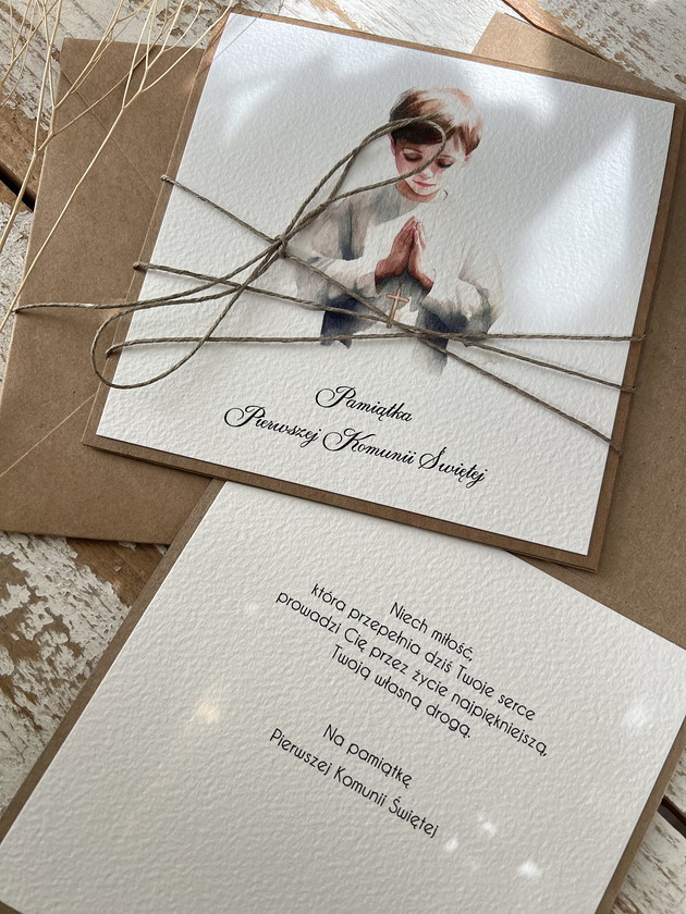 kartki na komunię Ręcznie robiona kartka na komunię z życzeniami dla chłopca