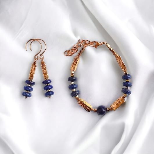 komplet biżuterii KOMPLET bransoletka i kolczyki LAPIS LAZULI i  LAWA : granat i złoto
