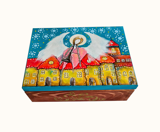 skrzynki, kufry i pudła Drewniana szkatułka malowana akrylami - anioł stróż