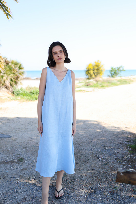 sukienki midi damskie Sukienka lniana Simple lazurowy błękit