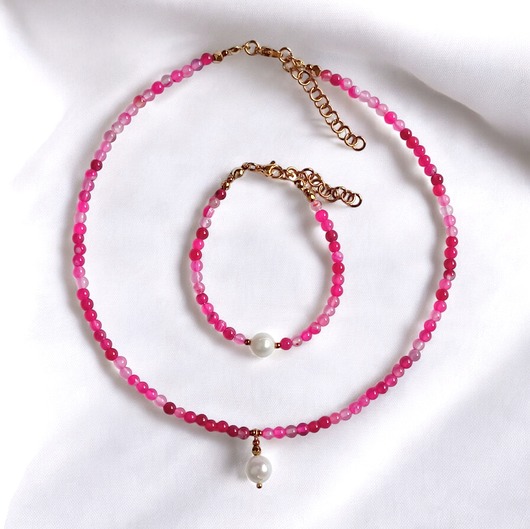 komplet biżuterii RAZEM TANIEJ! naszyjnik & bransoletka : fuchsia & pearl collection