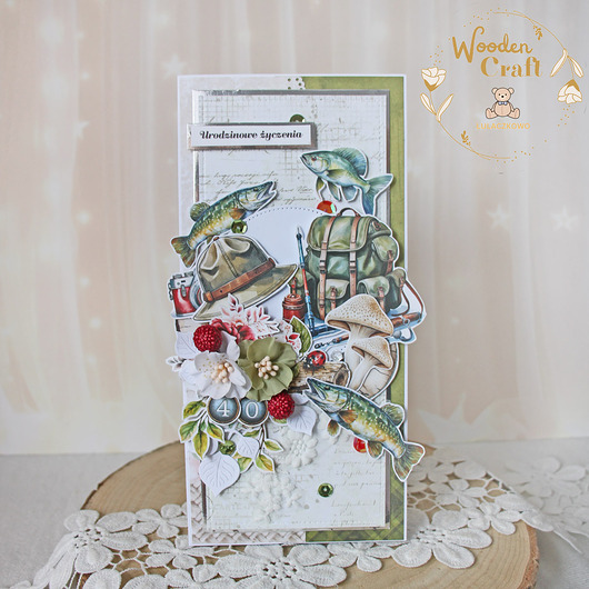 kartki scrapbooking Męska kartka urodzinowa, prezent na urodziny dla wędkarza GOTOWA