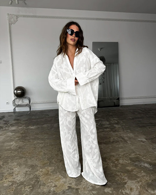 spodnie materiałowe damskie Spodnie Palazzo jackard ecru