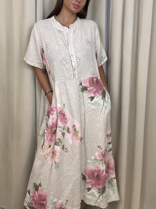 sukienki maxi damskie Lniana sukienka w kwiaty Beige