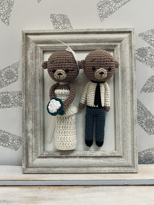 Ślub - inne Młoda para misie w białej ramce ręcznie robione prezent ślubny obraz