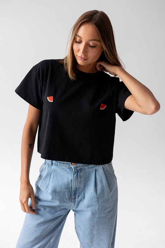t-shirt damskie T-shirt Crop-Voila Czarny Arbuzy