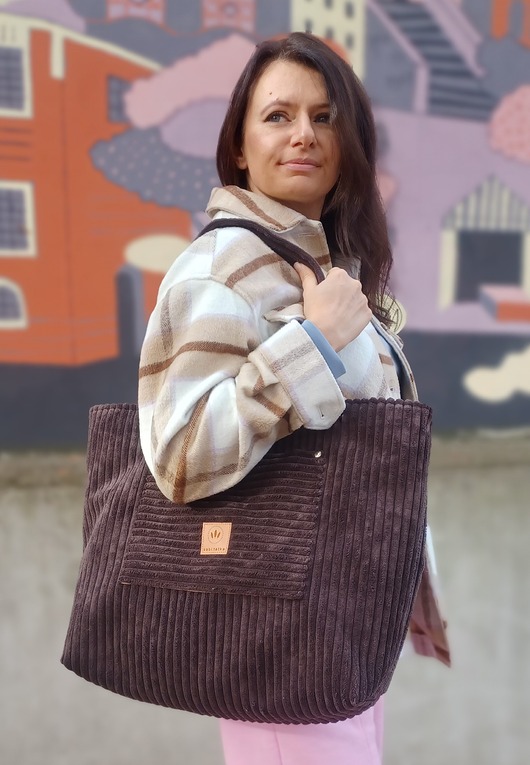 torby na ramię Sztruksowa duża torba miejska shopper Brązowa