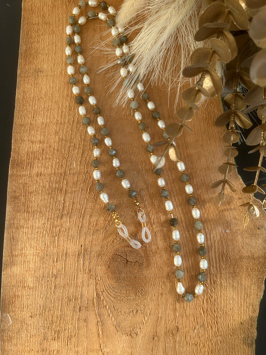 Akcesoria pozostałe Łańcuszek do okularów z kamieniami: agat mszysty, hematyt i perły hodowlane