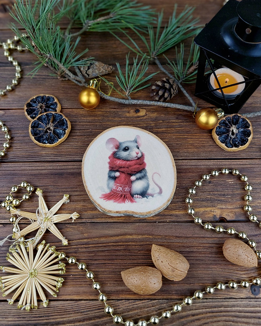 ozdoby choinkowe Brzozowa podkładka pod kubek, świąteczna zawieszka - myszka