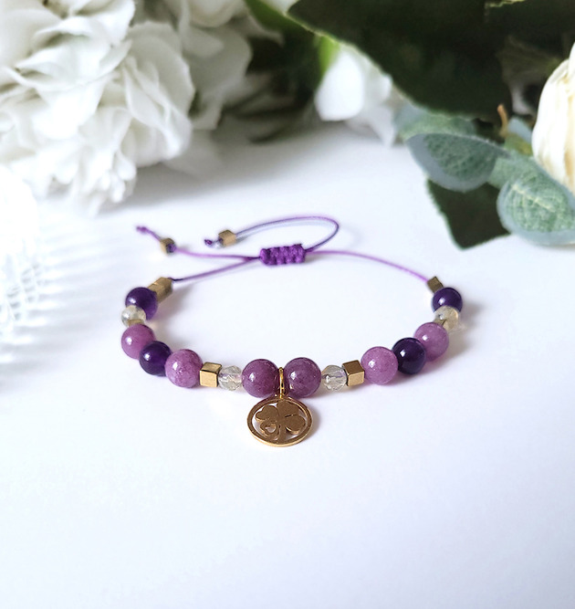 bransoletki z kamieni naturalnych Obfitość i harmonia- z Ametystem, Cytrynem i koniczynką