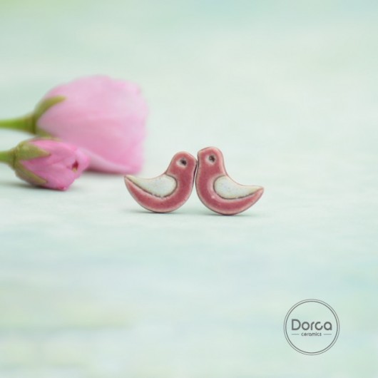 Mini ptaszki różowe- kolczyki ceramika Dorca