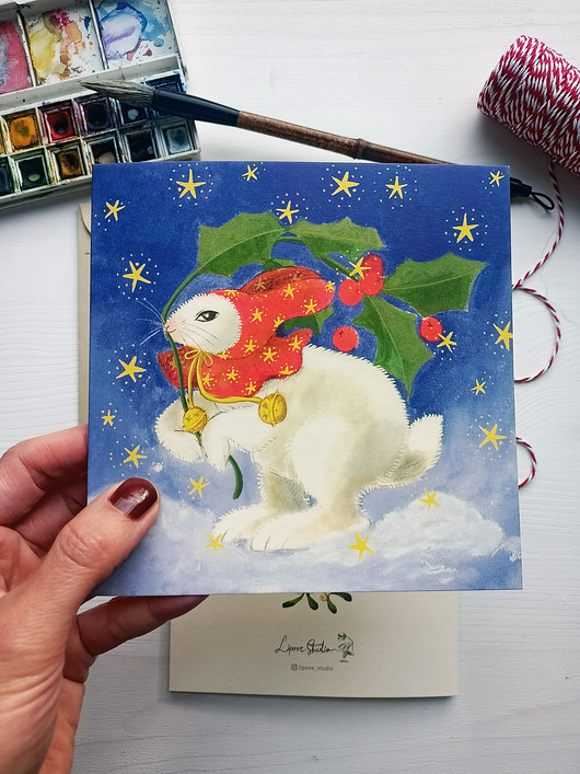 kartki okolicznościowe - wydruki Kartka świąteczna królik z ostrokrzewem 