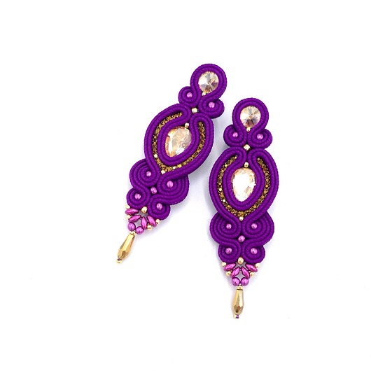 kolczyki soutache Kolczyki sutasz fioletowe ze złotem Ismara wieczorowe z kryształkami