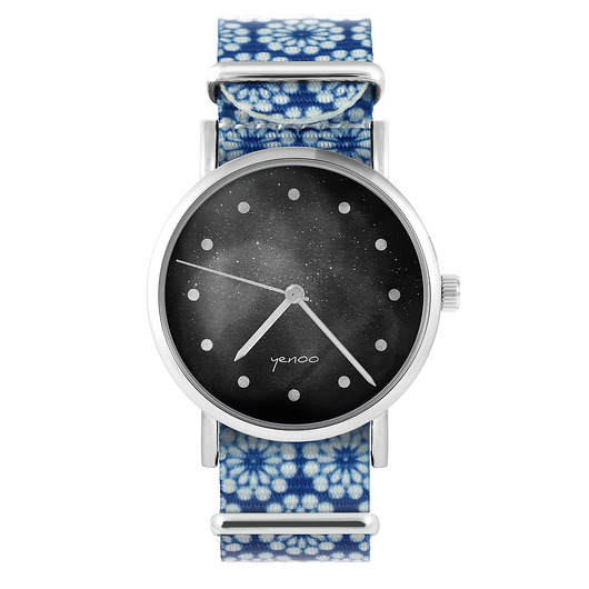 zegarki damskie Zegarek - Czarny - niebieski, kwiaty