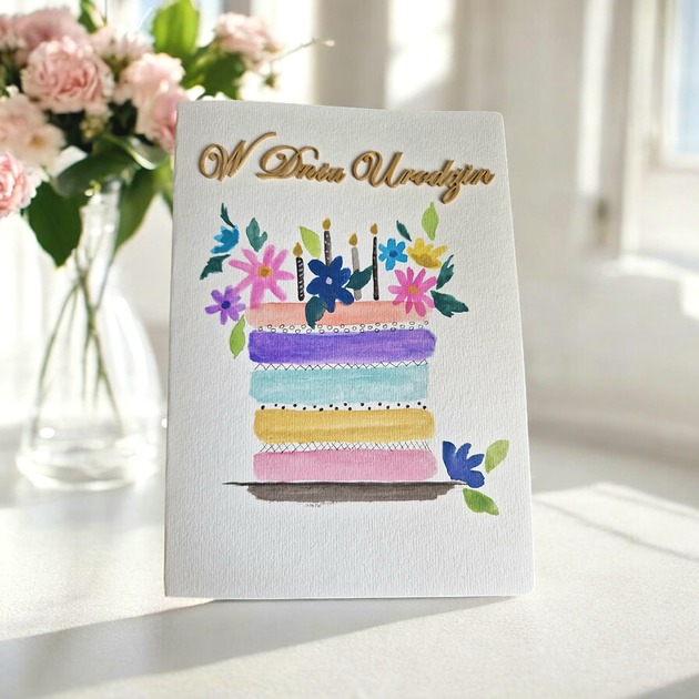 akcesoria różne Oryginalna malowana akwarelami kartka urodzinowa