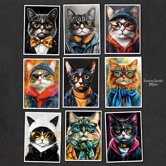 grafiki i ilustracje Hipsterskie koty nr 2 - zestaw 9 grafik