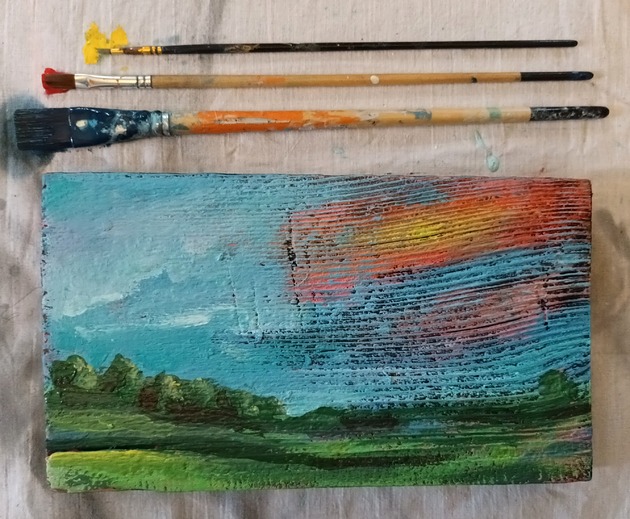 grafiki i ilustracje Pole, niebo, las. Na desce