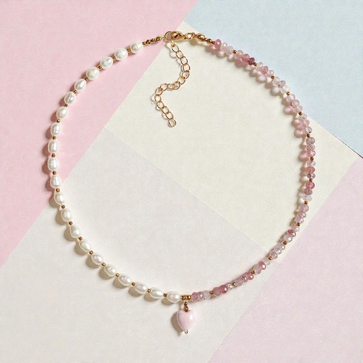 chokery Naszyjnik z serduszkiem : perły, kwarc truskawkowy