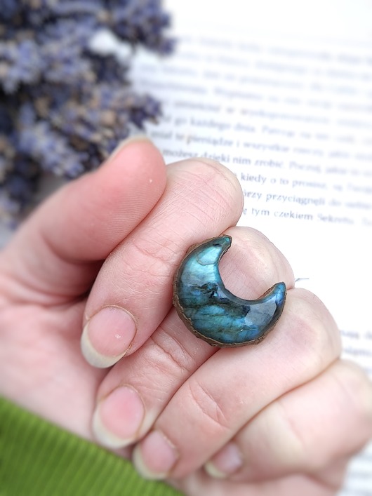pierścionki - różne Pierścionek miedziany r.17 labradoryt księżyc lunula