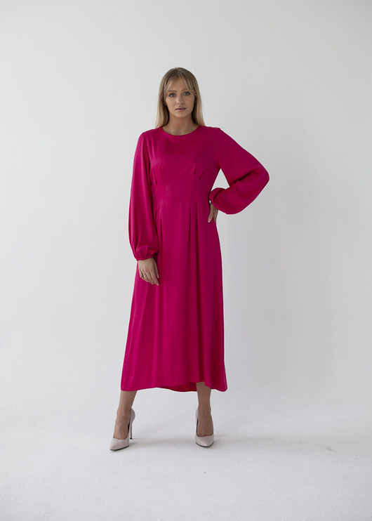 sukienki midi damskie Sukienka Midi Fuksjowa Taliowana Natalia