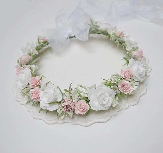 wianki komunijne Wianek komunijny jak żywy pudrowa zieleń, róż , biel