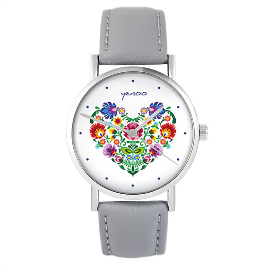 zegarki damskie Zegarek - Folkowe serce - szary, skórzany