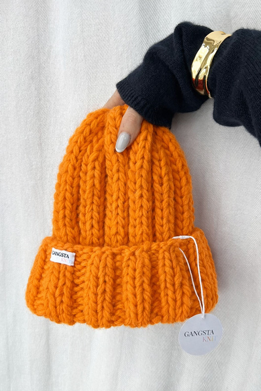 czapki damskie Gruba wełniana czapka beanie pomarańczowa 100% wełna handmade