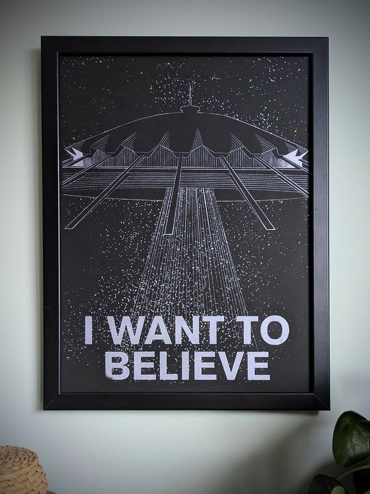 grafiki i ilustracje Ręcznie drukowany sitodruk "I want to believe" 30x40cm