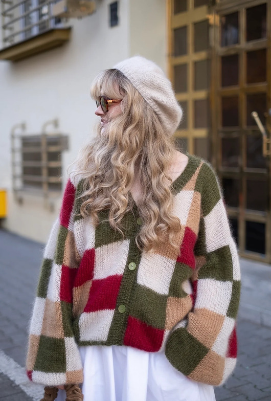 kardigany damskie Kardigan Arletta, krata, super kid moher TYLKO NA ZAMÓWIENIE