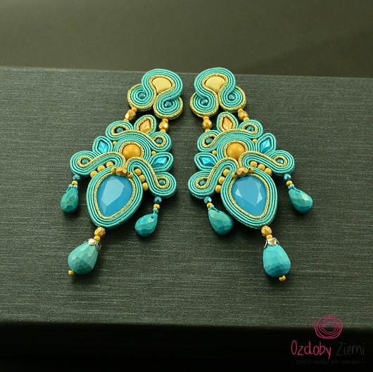 kolczyki soutache Turkusowo złote kandelabrowe kolczyki sutasz